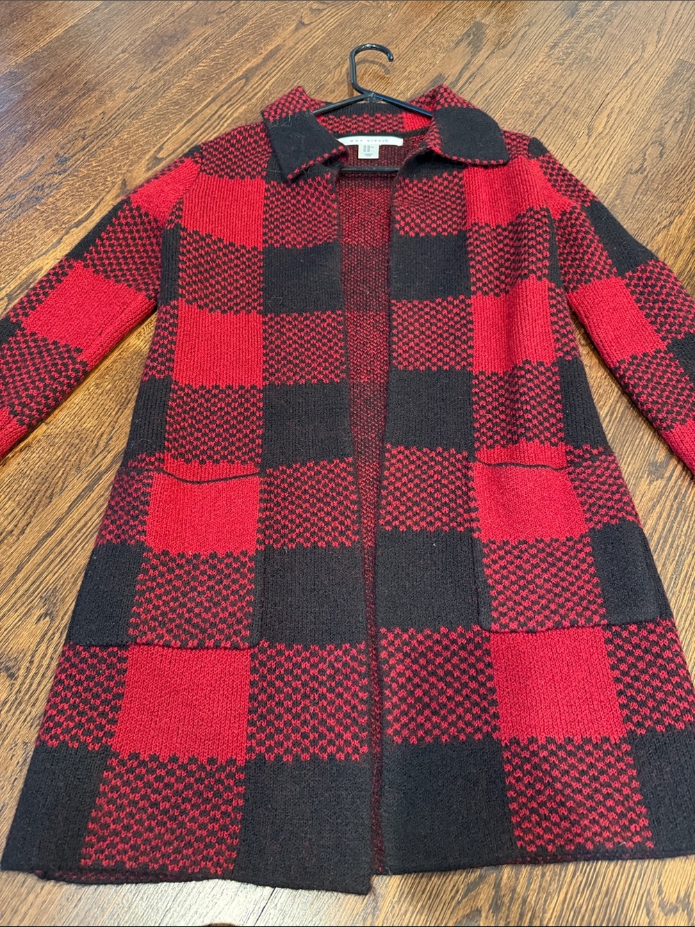 Max Studio Red and Black Check Knit Trench Sweater